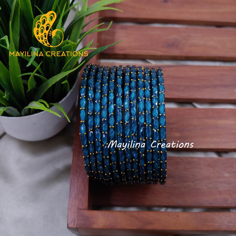 Dark Teal Matte Raindrop Glass Bangles (Set of 12 Bangles