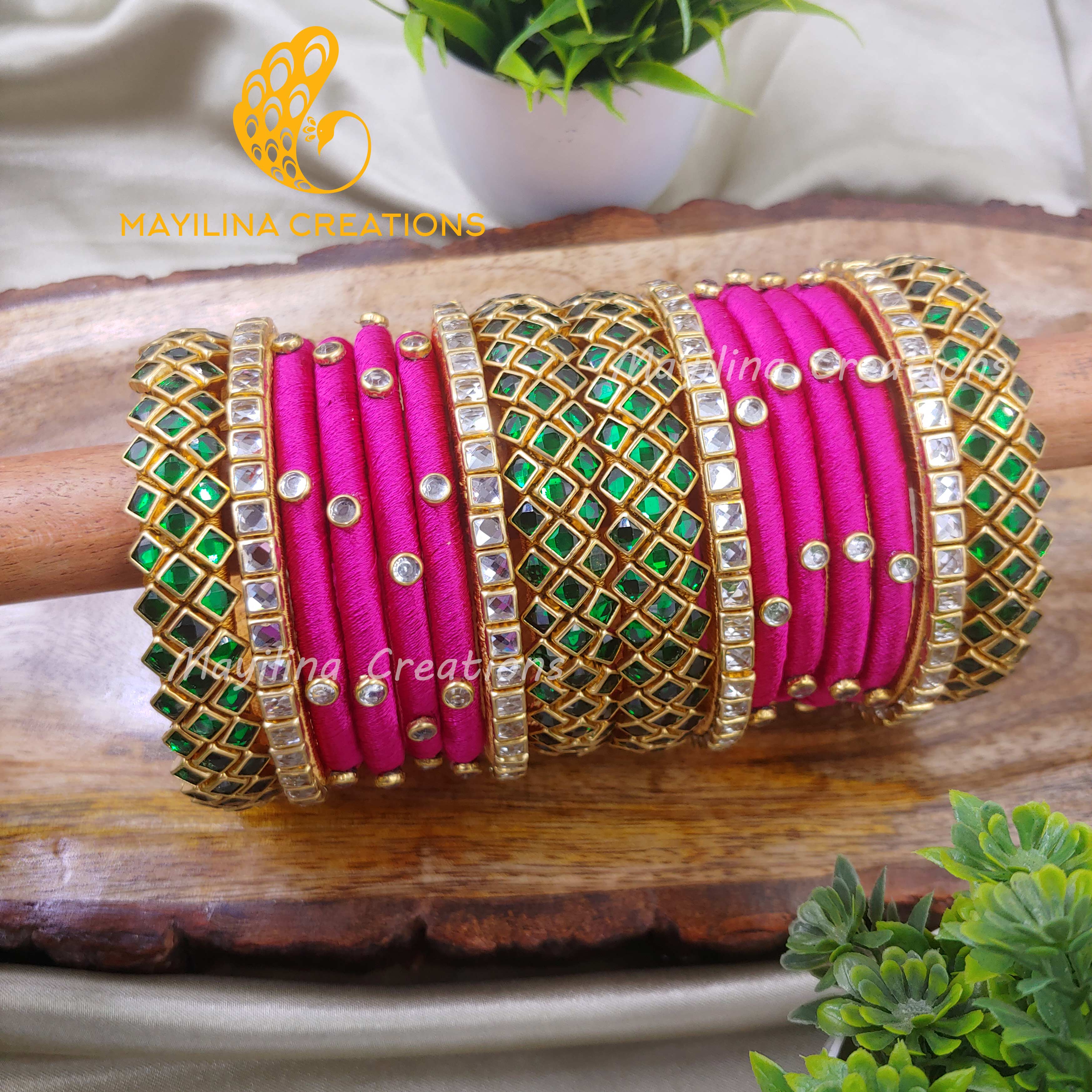 Green and pink on sale silk thread bangles