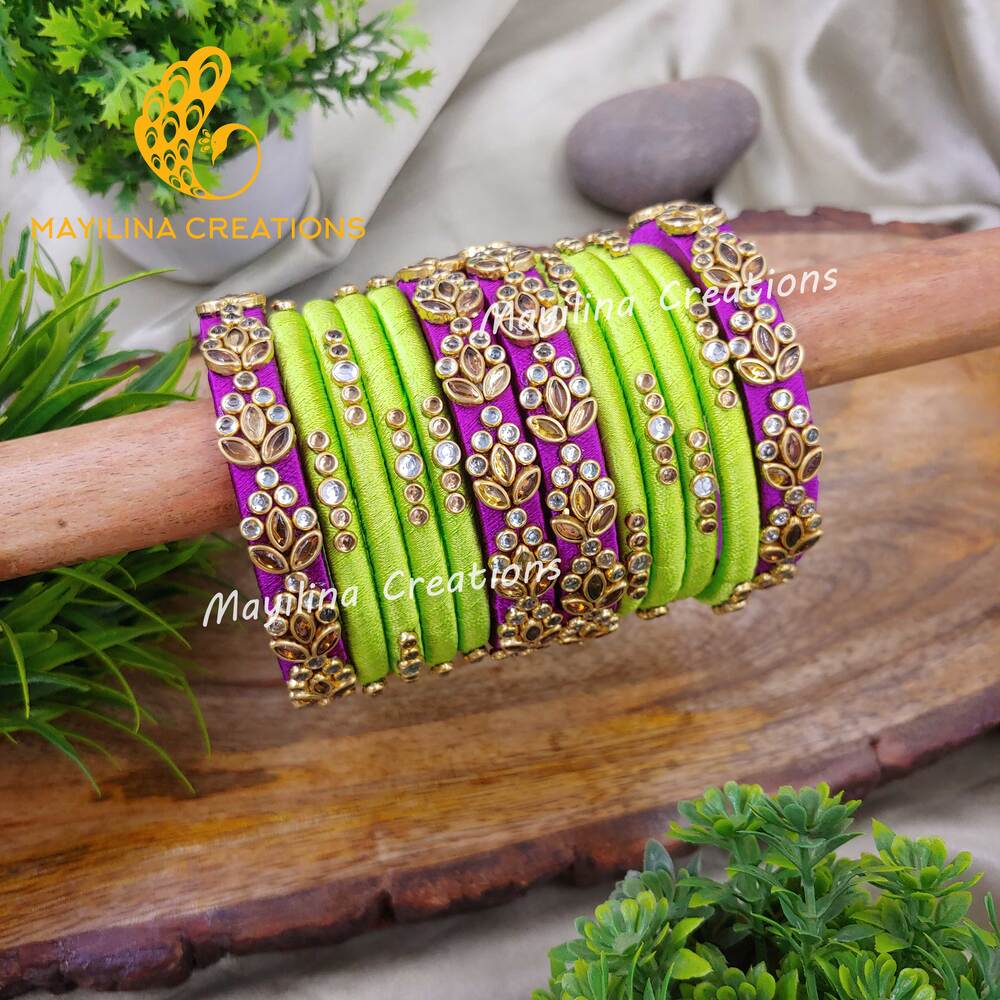 Purple and Light Green Budget Friendly Silk Thread Bangles for