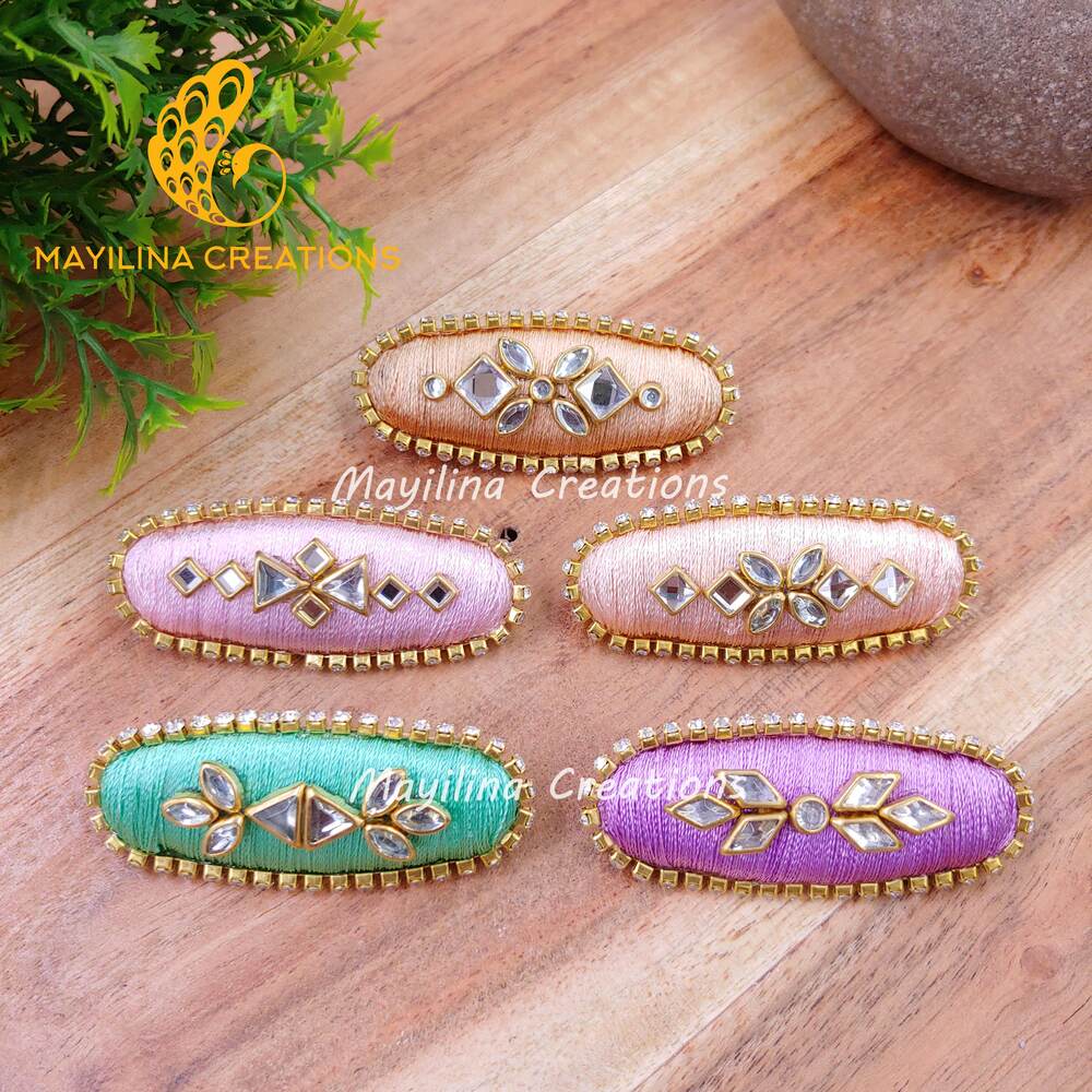 Silk Thread Kundan Saree Pins Pastel Shades