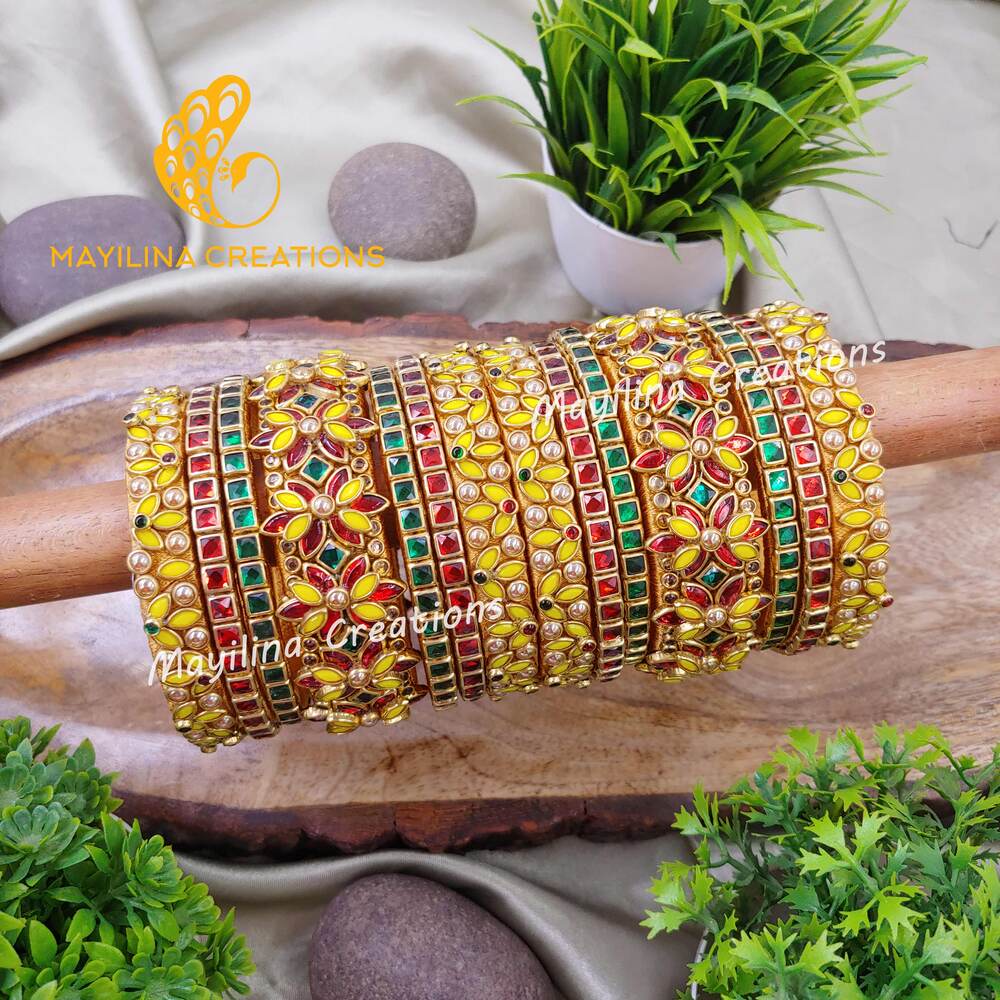 Megala Yellow Red and Green 3D Kundan Silk Thread Bangles for Weddi Mayilina Creations