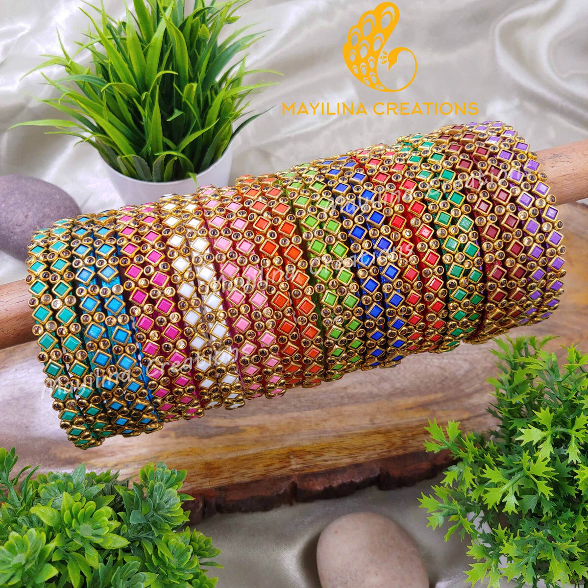 12 Pairs Rhombus Pattern Single line Kundan Bangles - Silk Thread Bangles (Set of 24 Bangles)