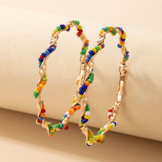 Multi-color Beaded Gold Hoop Earrings for Women, Retro Style