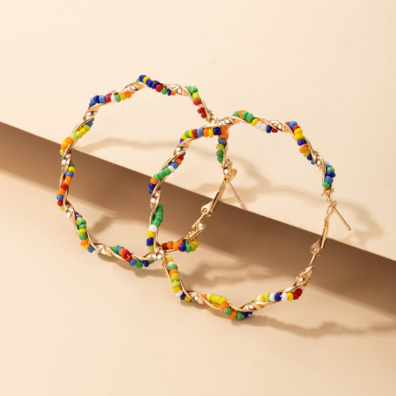 Multi-color Beaded Gold Hoop Earrings for Women, Retro Style