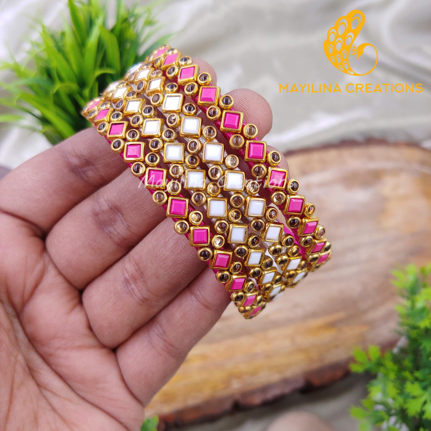 2 Pairs Rhombus Pattern Single line Kundan Bangles - Silk Thread Bangles (Set of 24 Bangles)