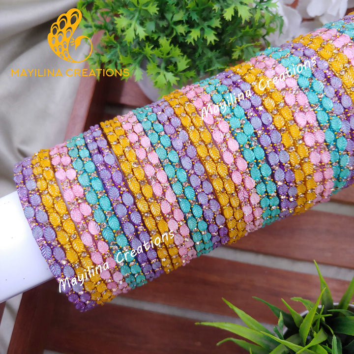 Baby Shower Glass Bangles Combo - Leaf Pattern 01 - 4 Dozen Combo 2