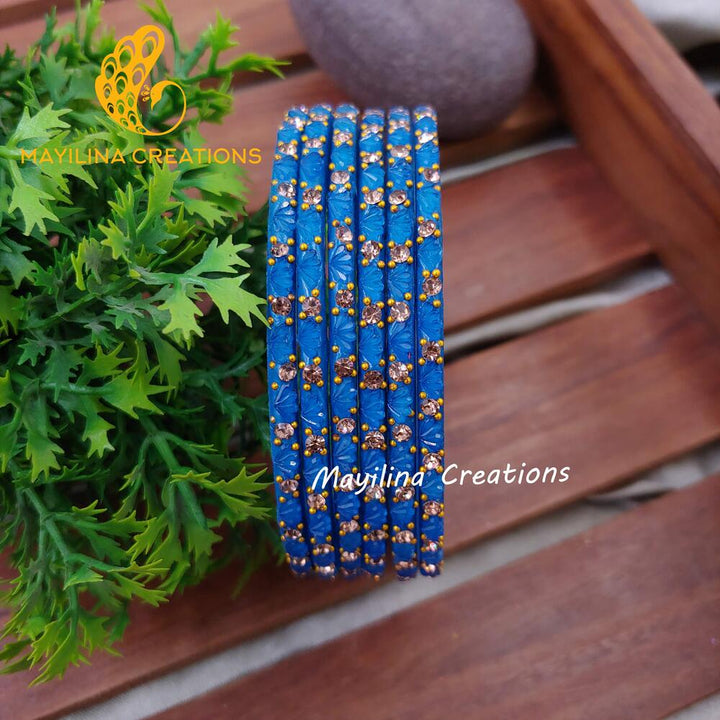 Blue Lotus Design Glass Bangles (Set of 6 bangles)