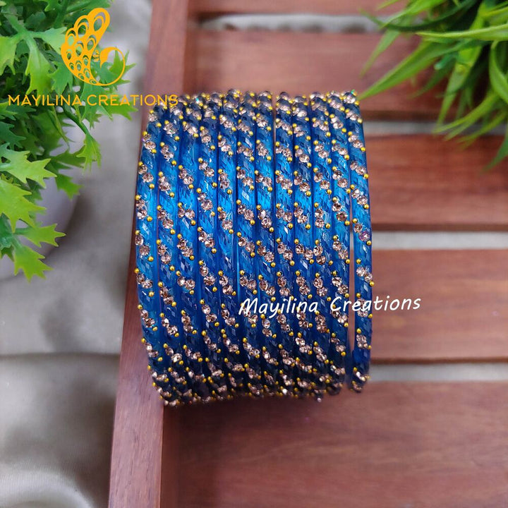 Blue Thara Designer Glass Bangles - Set of 12 Bangles