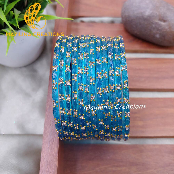 Blue Twinkle Designer Glass Bangles - Set of 12 Bangles