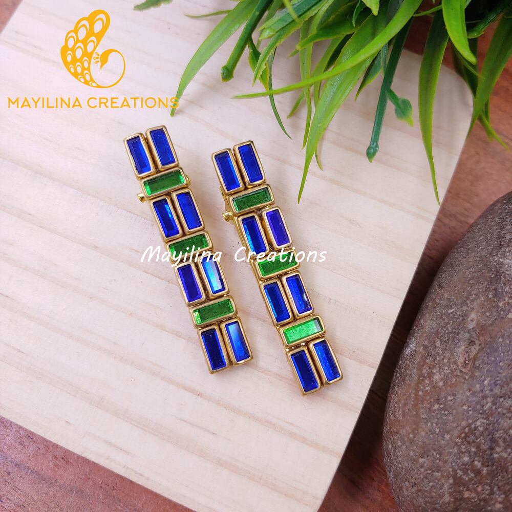 Blue and Green Rectangle Kundan Alligator Clip - Medium Size (Set of 2)
