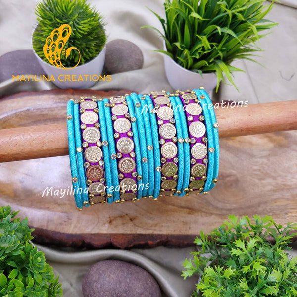 Blue and Purple Silk Thread Bangles with Lakshmi Coin Bangles for Wedding