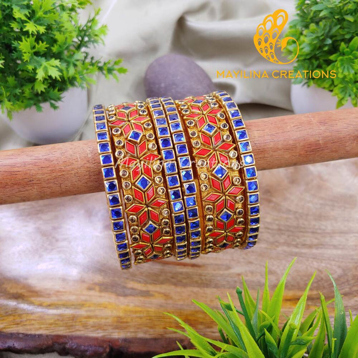 Blue and Red Diamond Flower Kada Bangles with Border Kundan Bangles - Silk Thread Bangles (Set of 6 Bangles)