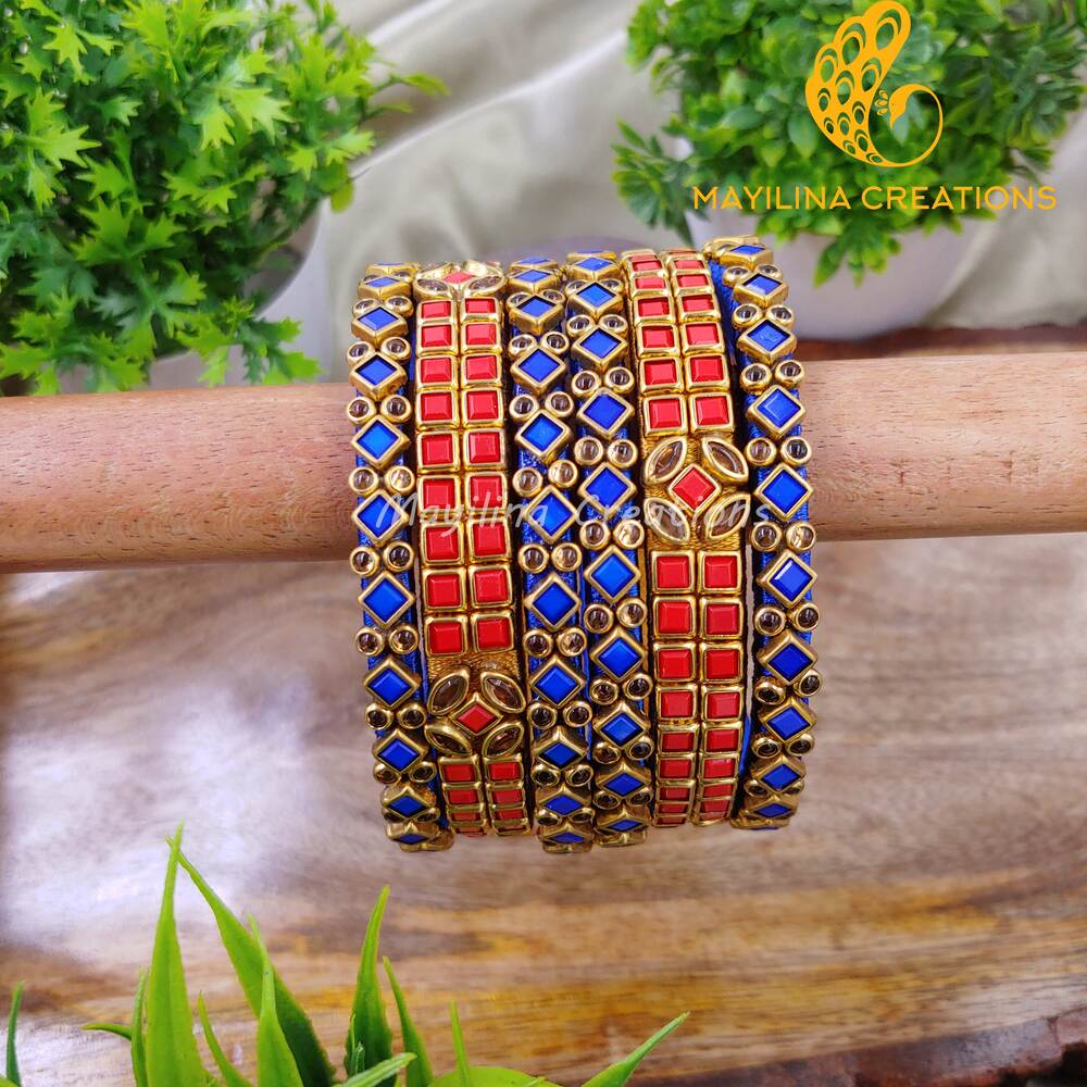 Blue and Red Kundan Kada Bangles with Border Rhombus Pattern - Silk Thread Bangles (Set of 6 Bangles). 