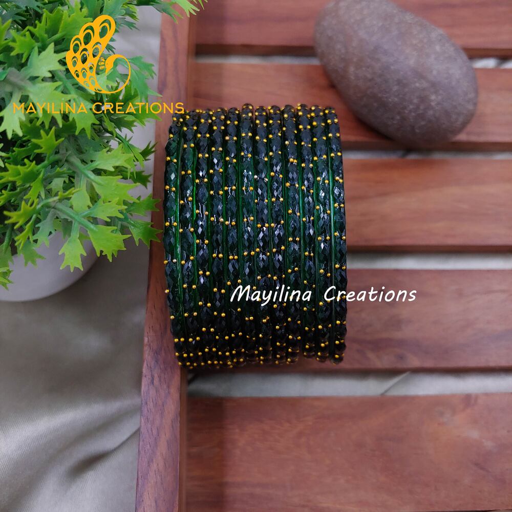 Bottle Green Raindrop Glass Bangles (Set of 12 Bangles)