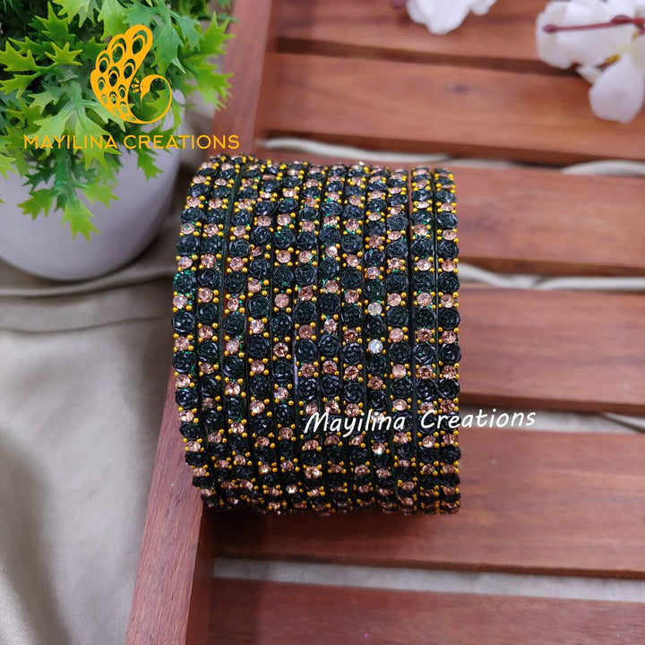 Bottle Green Rose Glitter Bangles - Set of 12 Bangles