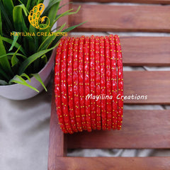 Bright Red Matte Raindrop Glass Bangles (Set of 12 Bangles)