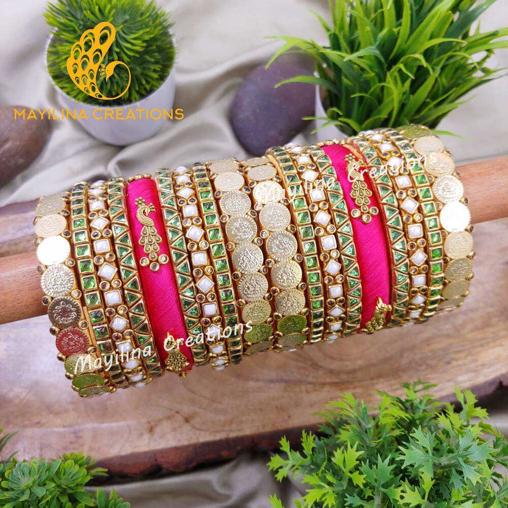 Chitra - Pink and Light Green Vibrant Silk Thread Bangles with Peacock Charms for Brides