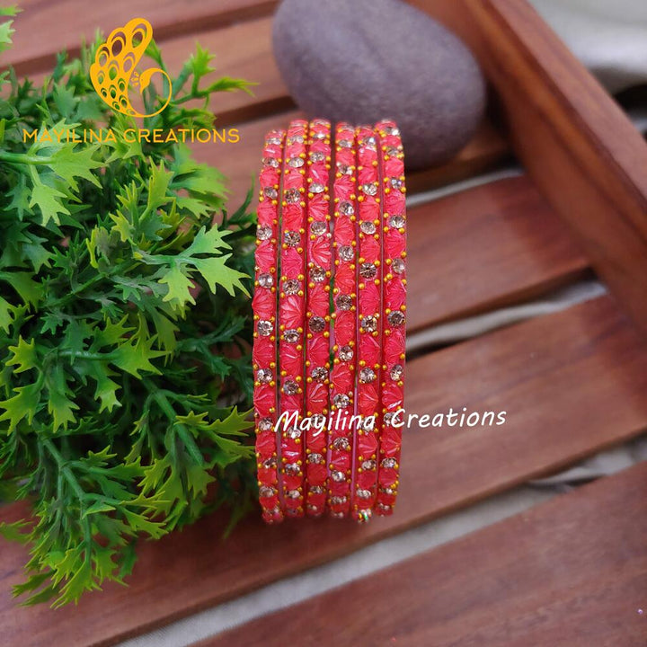 Coral Lotus Design Glass Bangles (Set of 6 bangles)