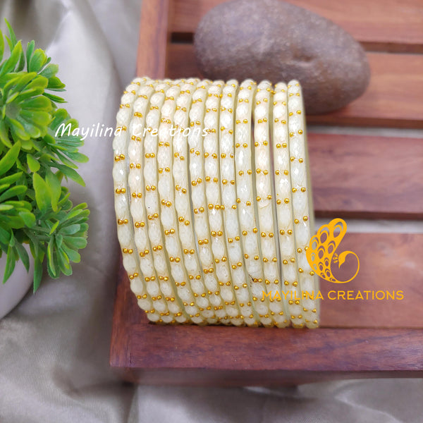 Cream Raindrop Glass Bangles (Set of 12 Bangles)