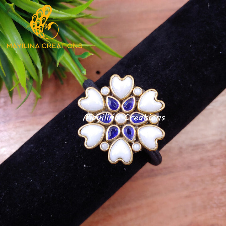 Dark Blue Heart Flower Kundan Hair Bands (Pearl White) (Medium Size)
