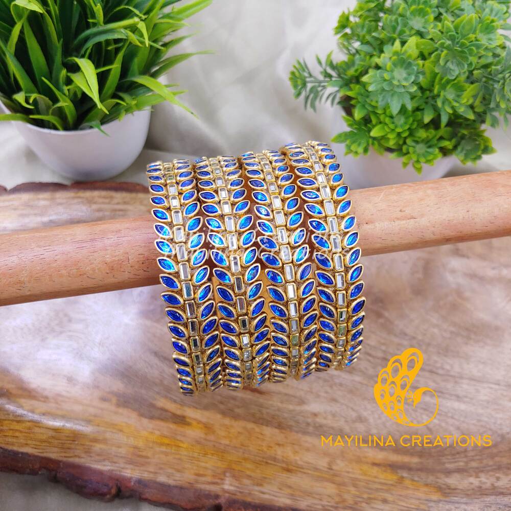 Dark Blue Leaf Pattern Kundan Kada Silk Thread Bangles Design (Set of 4 Bangles)