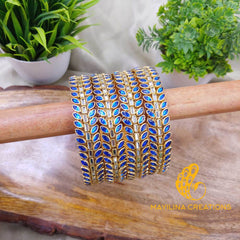 Dark Blue Leaf Pattern Kundan Kada Silk Thread Bangles Design (Set of 4 Bangles)