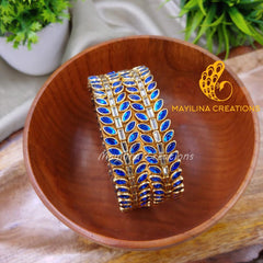 Dark Blue Leaf Pattern Kundan Silk Thread Bangles Design (Set of 2 Bangles)