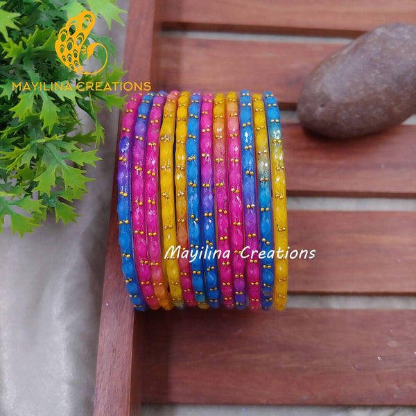 Dark Blue Multicolor Matte Raindrop Glass Bangles (Set of 12 Bangles)