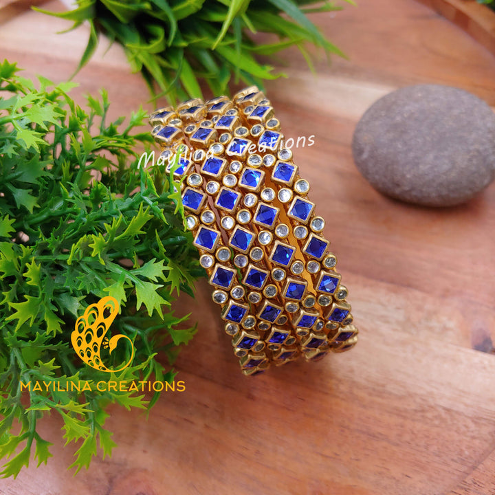 Dark Blue Rhombus Pattern Golss with White Stone Kundan Silk Thread Bangles (Set of 4 Bangles)Multicolor