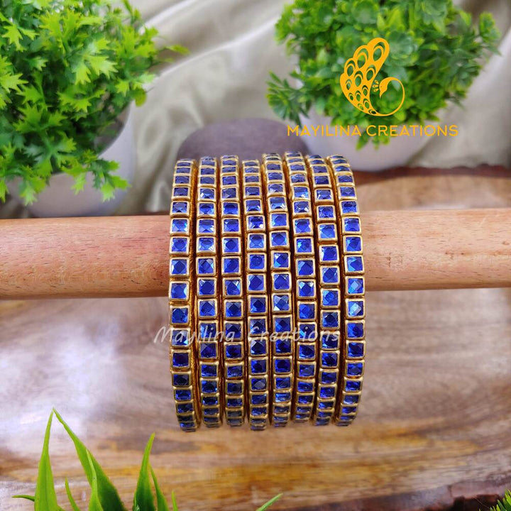 Dark Blue Single Line Kundan Bangles - Silk Thread Bangles (Set of 8 Bangles)