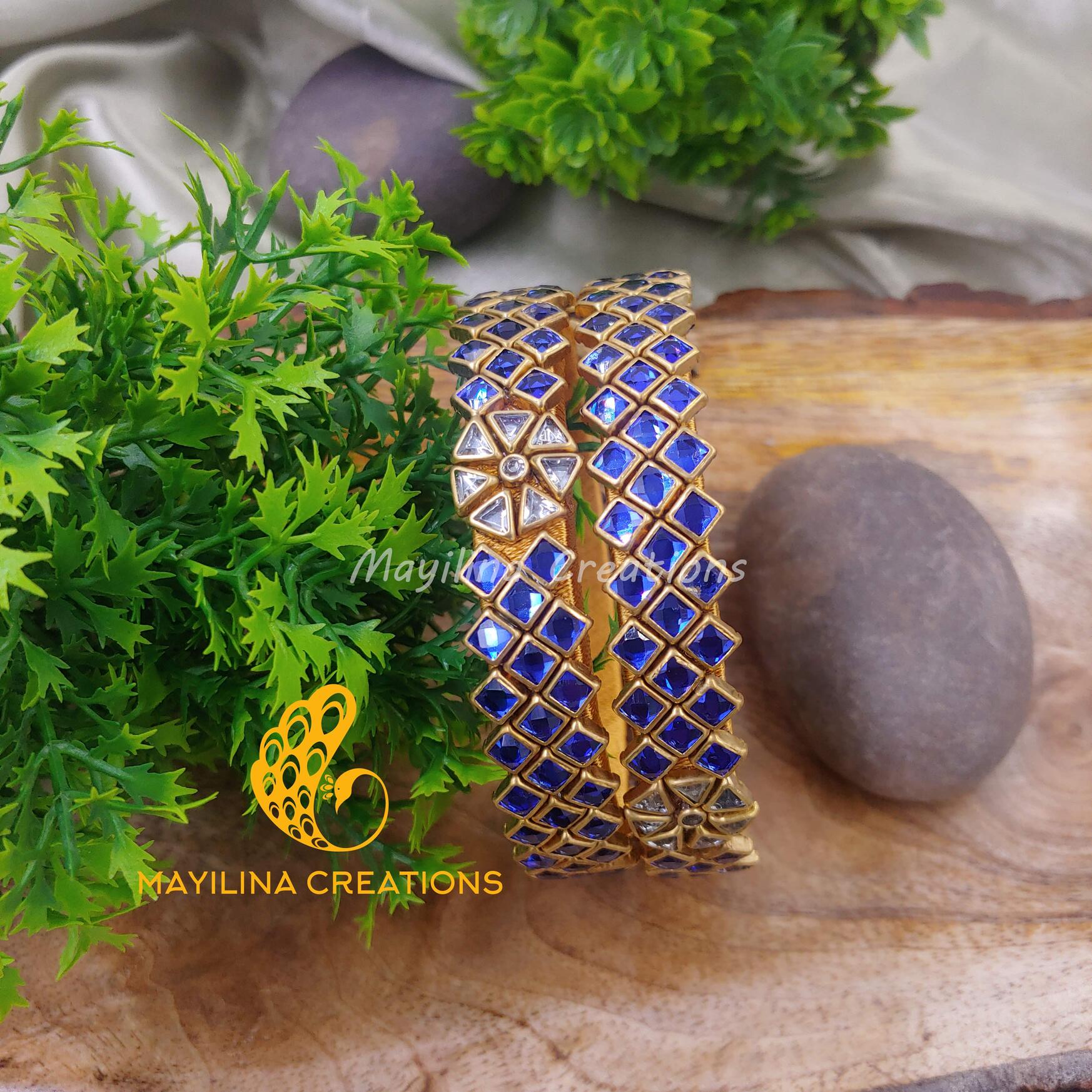Dark Blue Triple Line Kundan Kada Bangles - Silk Thread Bangles (Set of 2 Bangles)