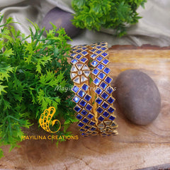 Dark Blue Triple Line Kundan Kada Bangles - Silk Thread Bangles (Set of 2 Bangles)