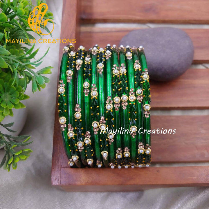 Dark Green Designer Glass Bangles - Chitrani