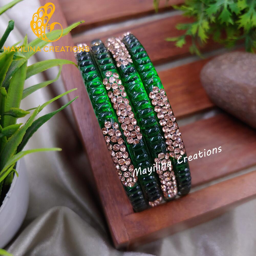 Dark Green Glass Kada Bangles - Haruni (Set of 4 Bangles)