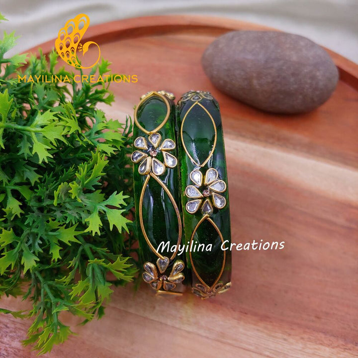 Dark Green Glass Kada Bangles - Malika (Set of 2 Bangles)