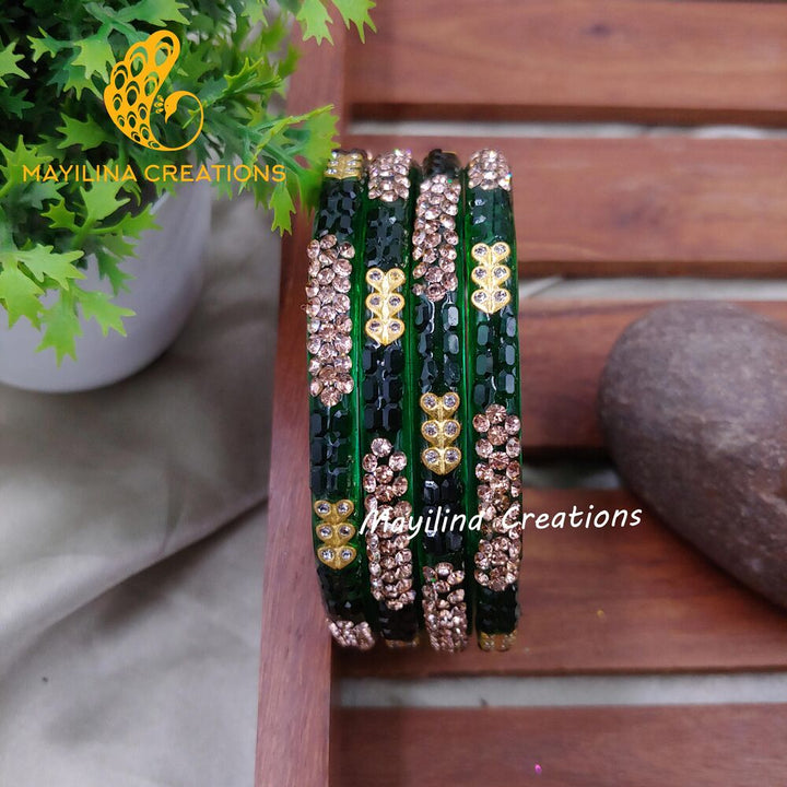 Dark Green Glass Kada Bangles - Moni (Set of 4 Bangles)