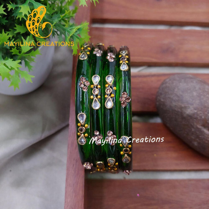 Dark Green Glass Kada Bangles - Nidhi (Set of 4 Bangles)