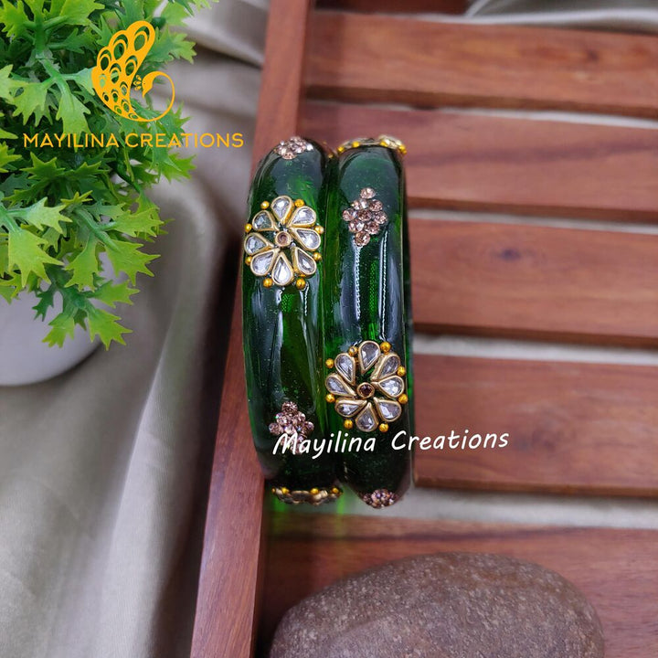 Dark Green Glass Kada Bangles - Rutika (Set of 2 Bangles)