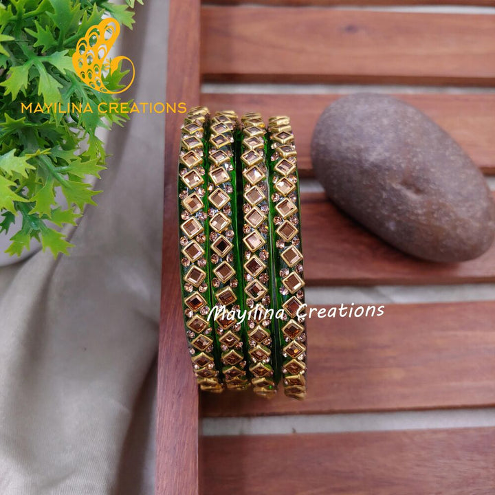 Dark Green Glass Kada Bangles - Sana (Set of 4 Bangles)