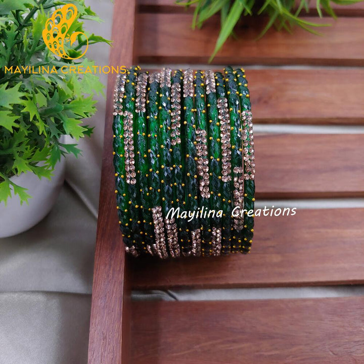 Dark Green Glittering Raindrop Glass Bangles