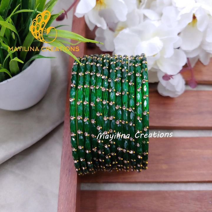 Dark Green Indu - Designer Glass Bangles - Set of 12 Bangles