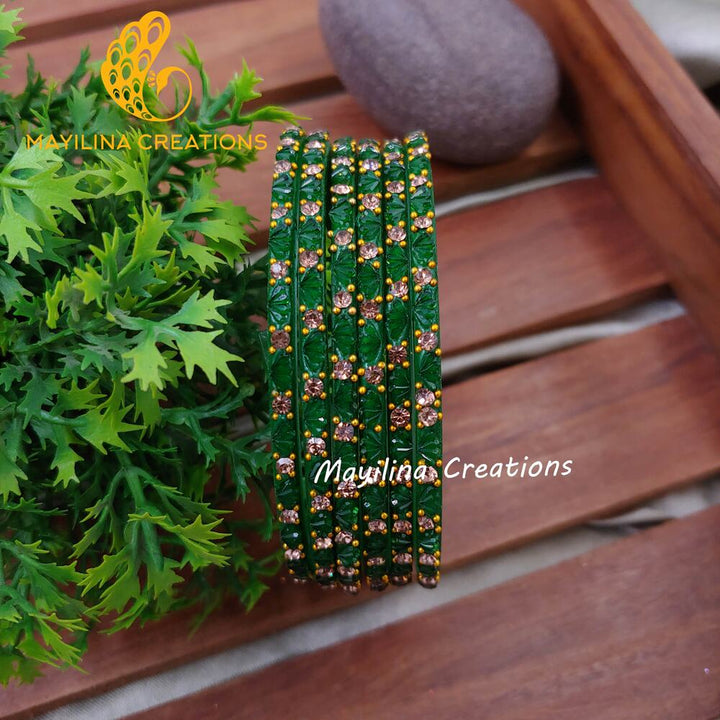 Dark Green Lotus Design Glass Bangles (Set of 6 bangles)