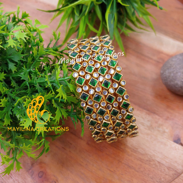 Dark Green Rhombus Pattern Golss with White Stone Kundan Silk Thread Bangles (Set of 4 Bangles)Multicolor