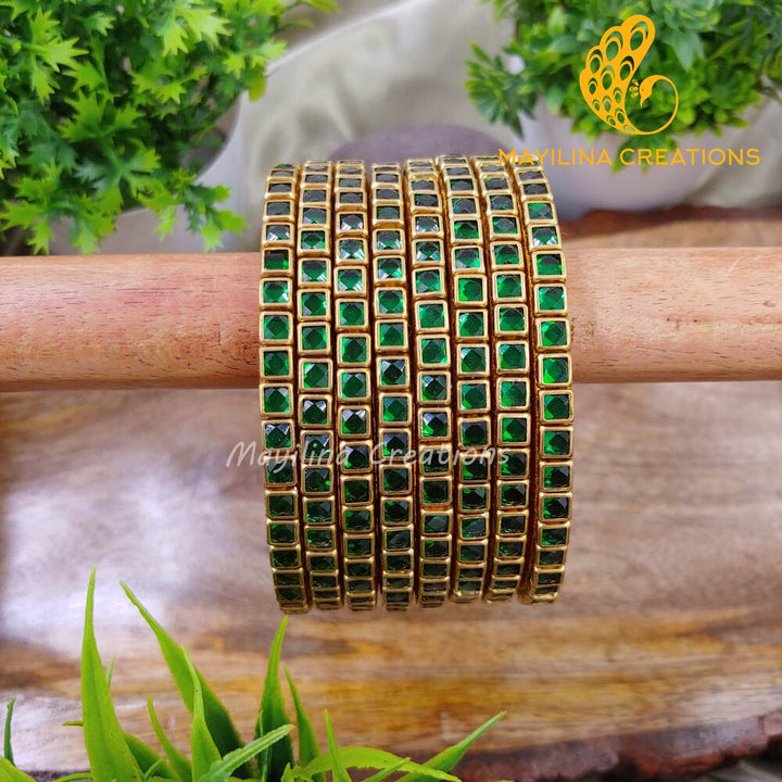 Dark Green Single Line Kundan Bangles - Silk Thread Bangles (Set of 8 Bangles)