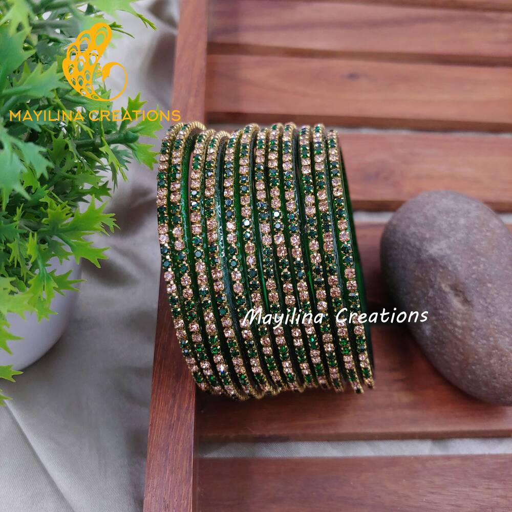 Dark Green Stone Chain Glass Bangles