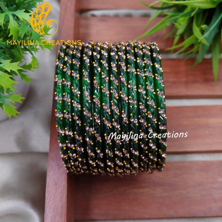 Dark Green Thara Designer Glass Bangles - Set of 12 Bangles