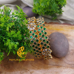Dark Green Triple Line Kundan Kada Bangles - Silk Thread Bangles (Set of 2 Bangles)