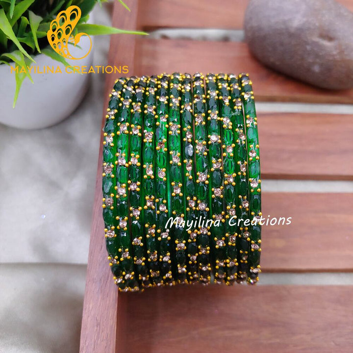 Dark Green Twinkle Designer Glass Bangles - Set of 12 Bangles