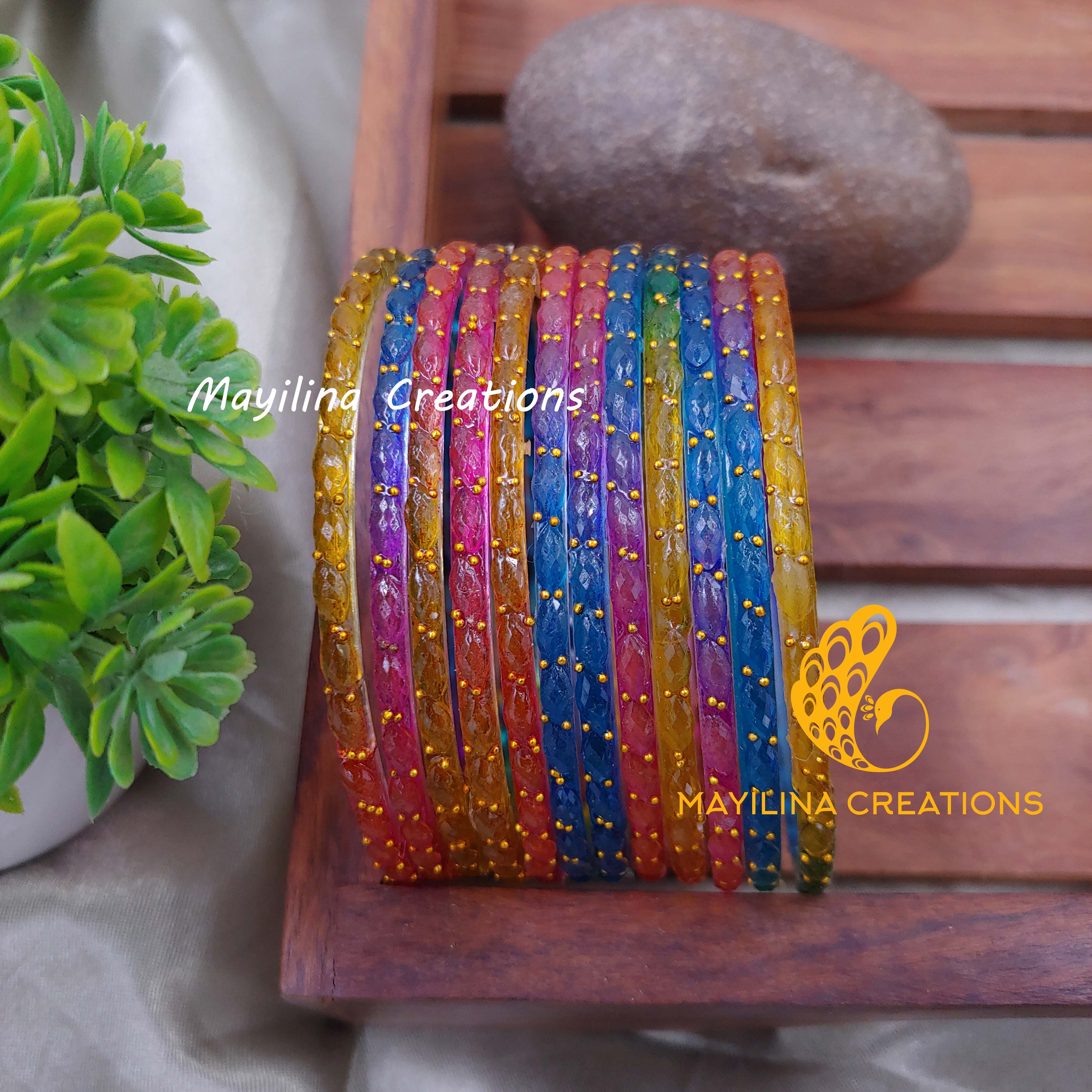Dark Multicolor-Blue Raindrop Glass Bangles (Set of 12 Bangles)