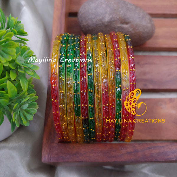 Dark Multicolor-Green Raindrop Glass Bangles (Set of 12 Bangles)